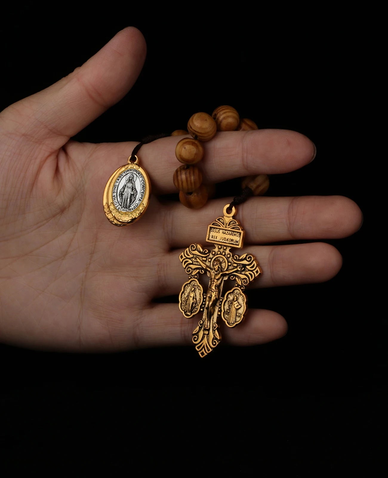 St Benedict Medal & Lady of the Miraculous Medal Crucifix Pocket Rosary – One Decade Handmade Wooden Beads Catholic Prayer Rosary Gift