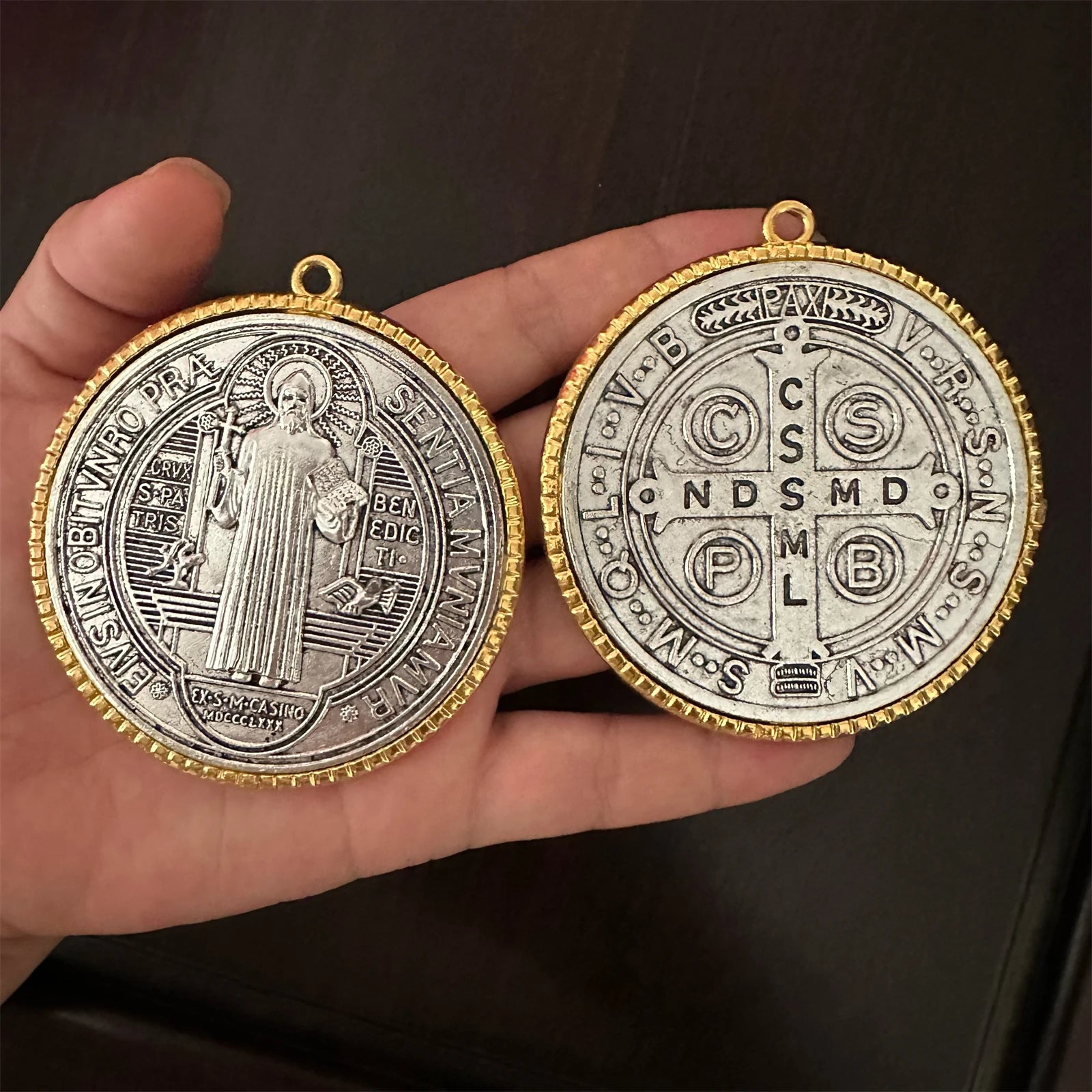 Extra Large St. Benedict Cross Medal Set (2-Pack) – 3” Vintage Brass Tone Protection Medals | Medalla de San Benito