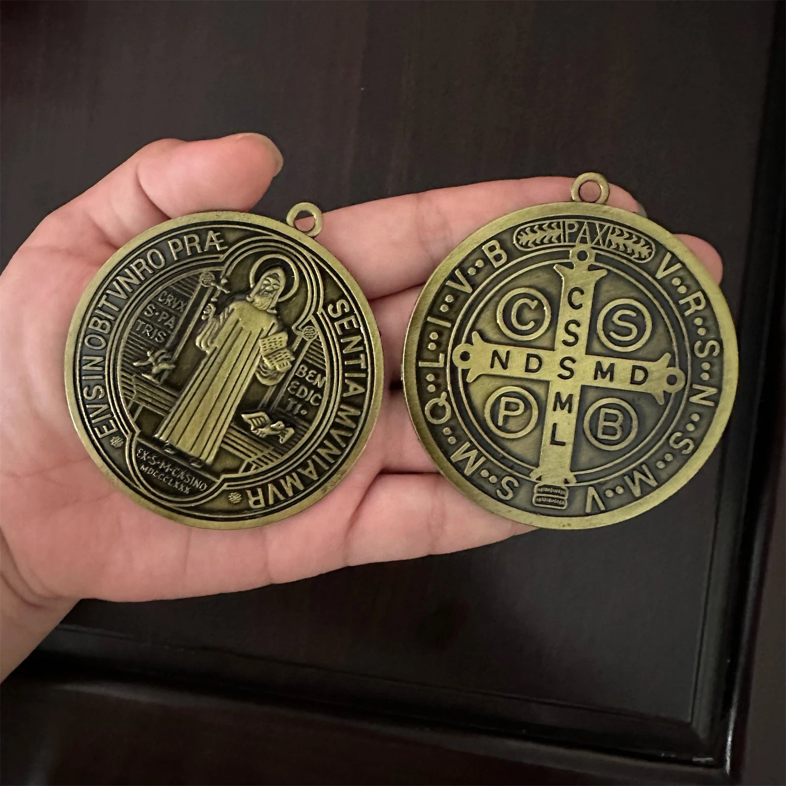 Extra Large St. Benedict Cross Medal Set (2-Pack) – 3” Vintage Brass Tone Protection Medals | Medalla de San Benito