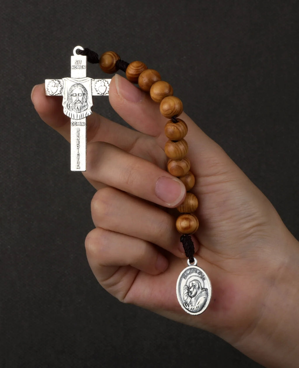 Holy Face Reparation Pocket Rosary with Padre Pio Medal – Handmade Wooden One Decade Prayer Beads