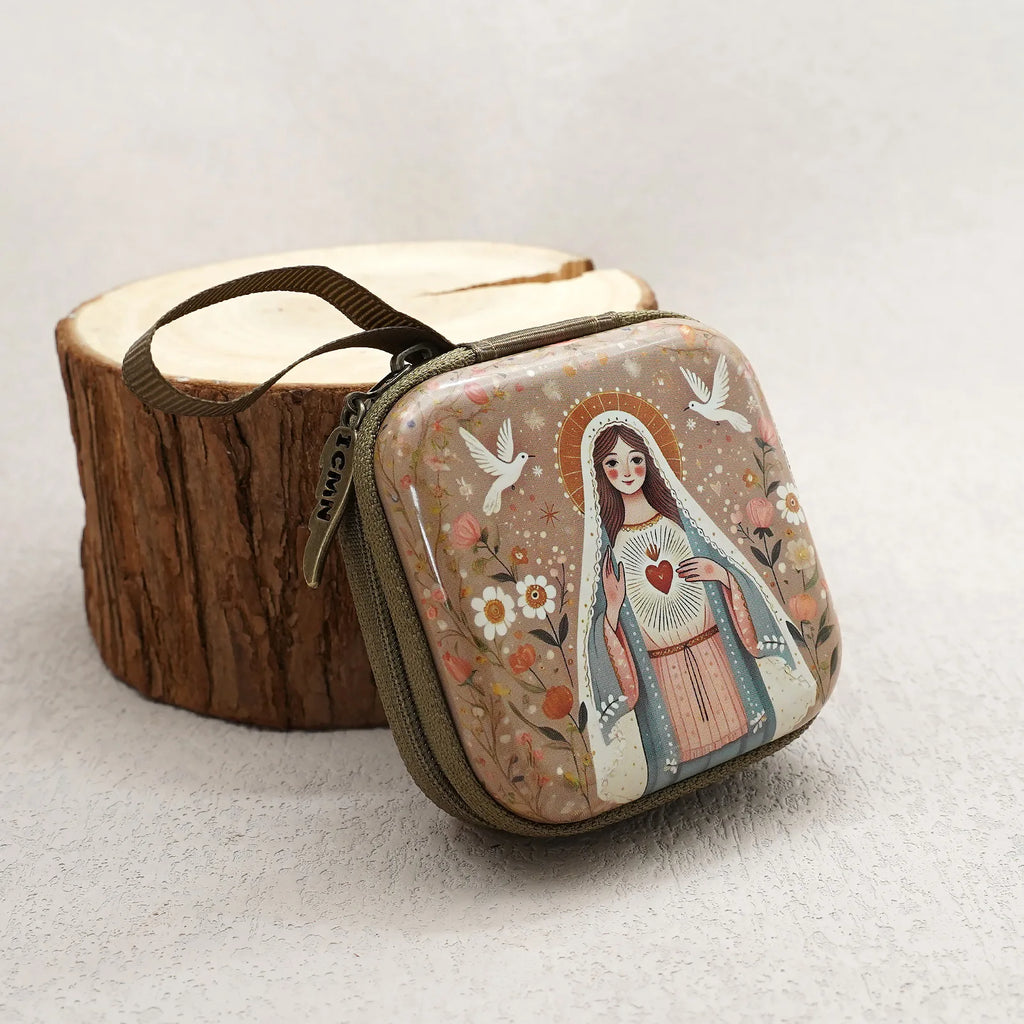 Virgin Mary & Jesus Rosary Box – 7x7cm Catholic Prayer Beads Storage Case