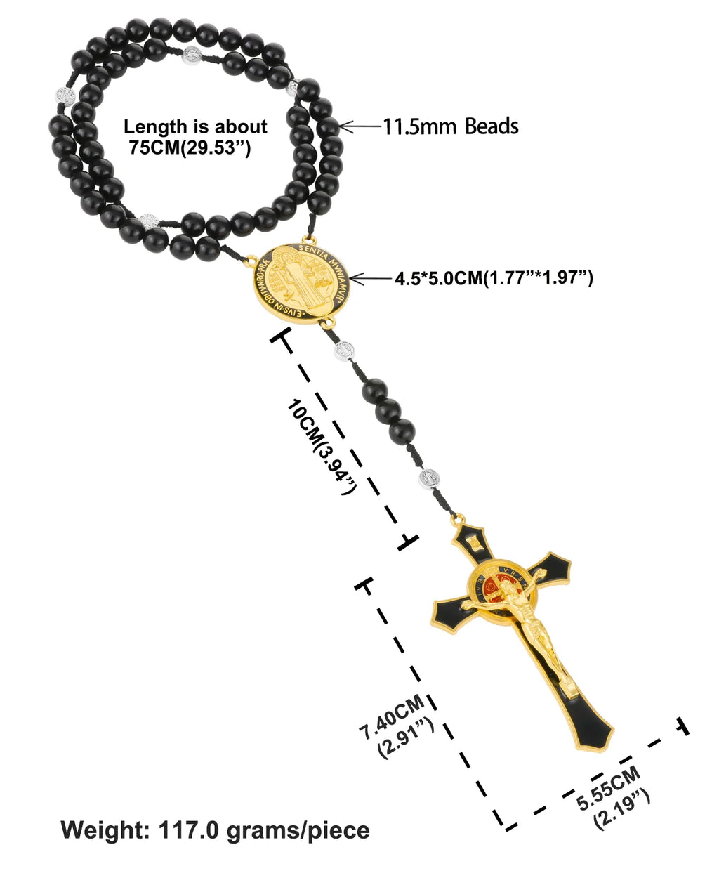 Saint Benedict Exorcism Crucifix Rosary Necklace – Large Cross with 33 Prayer Beads, Unisex Catholic Chaplet (6 Colors)