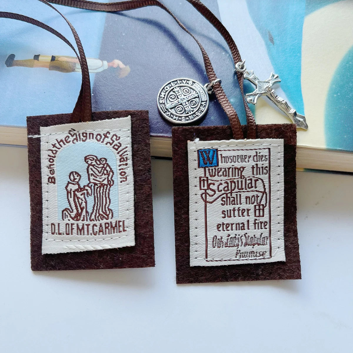 12-Pack Brown Scapular of Our Lady of Mount Carmel with St. Benedict Medal & Crucifix