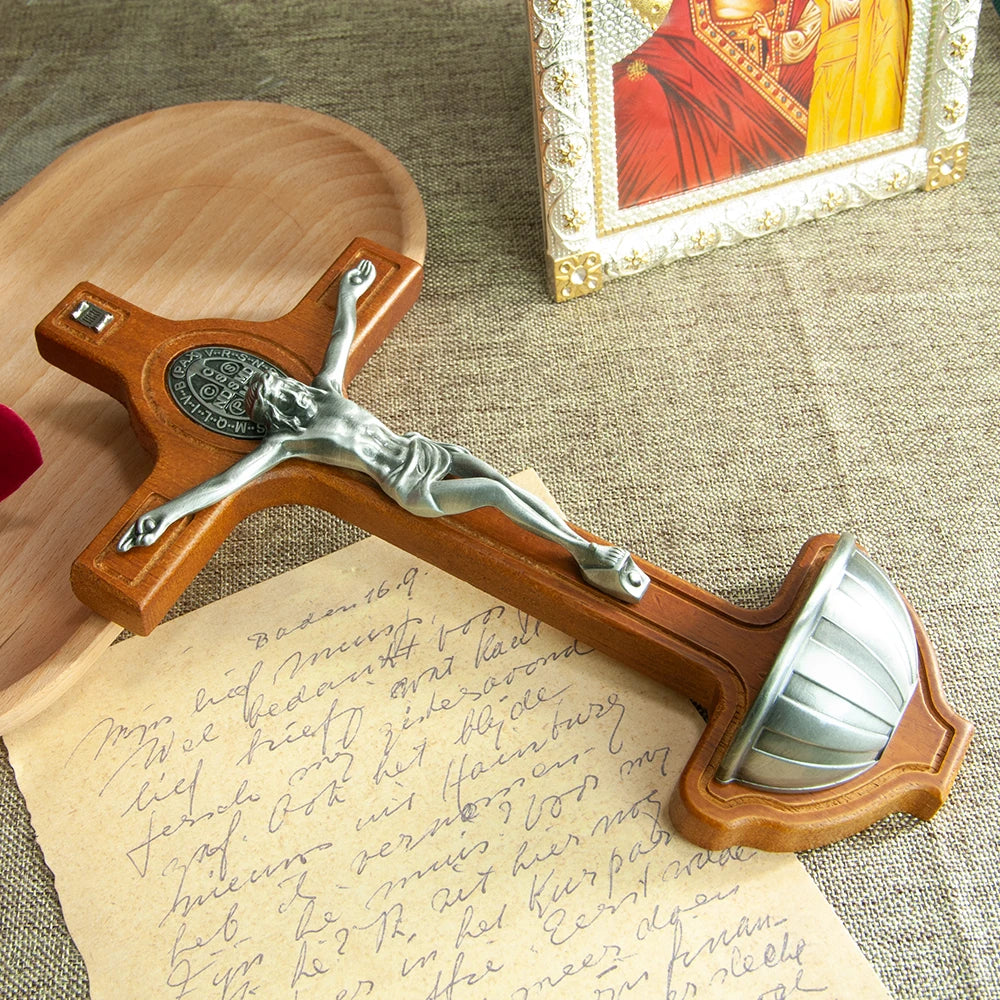 Wooden Catholic Crucifix with Holy Water Font – Jesus Cross for Home Blessing