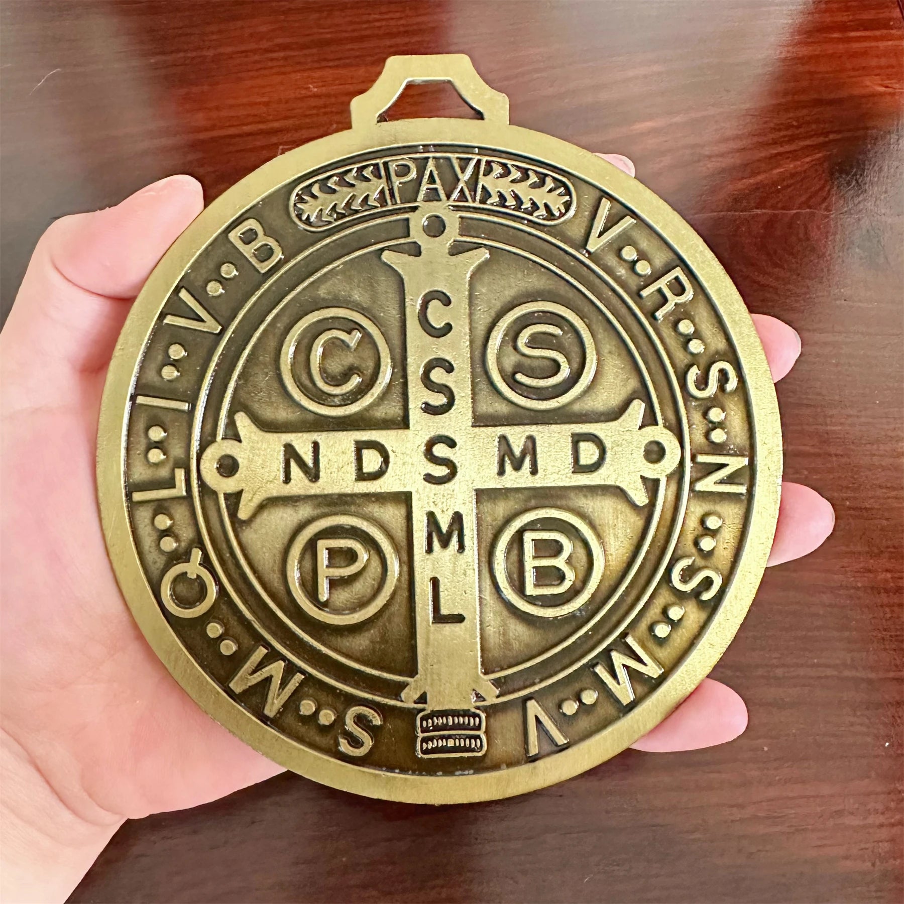 Extra-Large 5″ St. Benedict Cross Medal – Vintage Brass Tone Wall or Desk Display | Medalla de San Benito