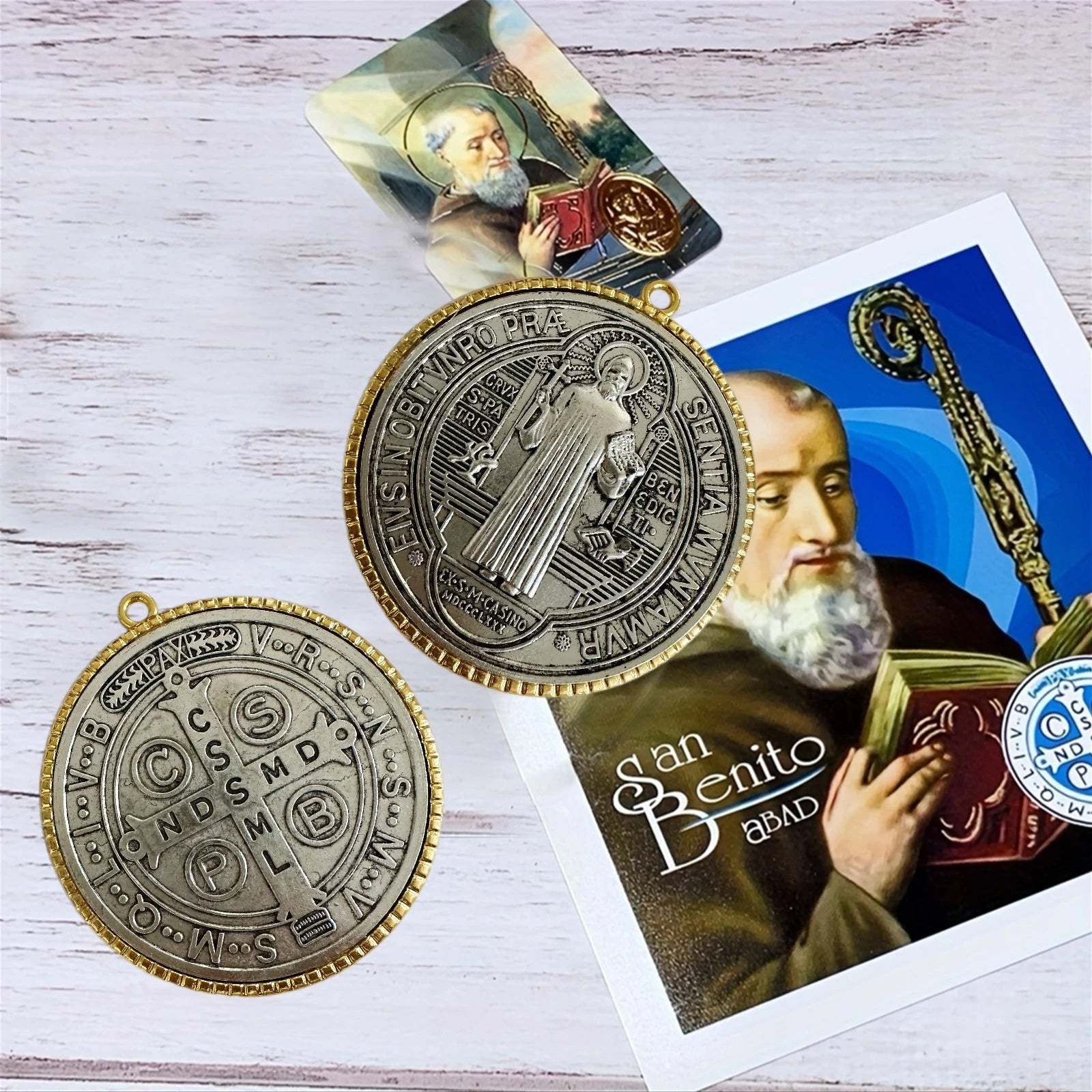 Extra Large St. Benedict Cross Medal Set (2-Pack) – 3” Vintage Brass Tone Protection Medals | Medalla de San Benito
