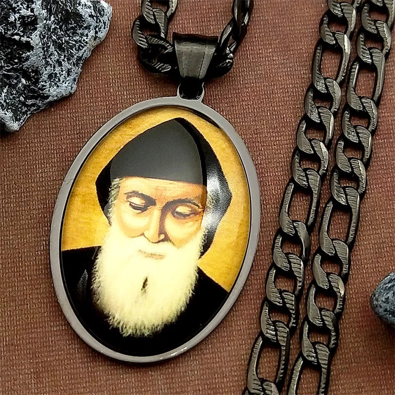 Saint Charbel Glass Medal Pendant Necklace – Gold-Tone Stainless Steel Catholic Protection Image (Unisex)
