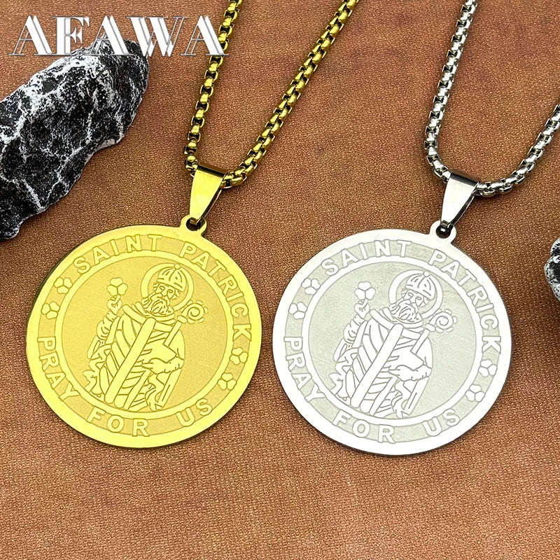 Saint Patrick “Pray for Us” Medal Necklace – Stainless Steel Gold-Tone Catholic Pendant, Patron Saint of Ireland, Unisex 60cm Chain