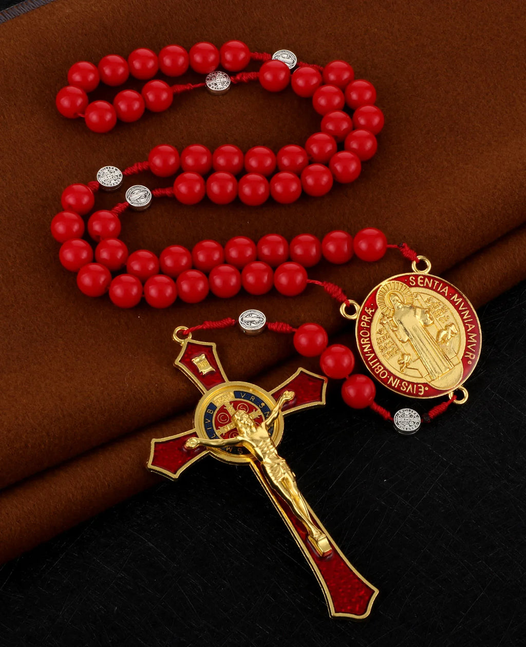 Saint Benedict Exorcism Crucifix Rosary Necklace – Large Cross with 33 Prayer Beads, Unisex Catholic Chaplet (6 Colors)