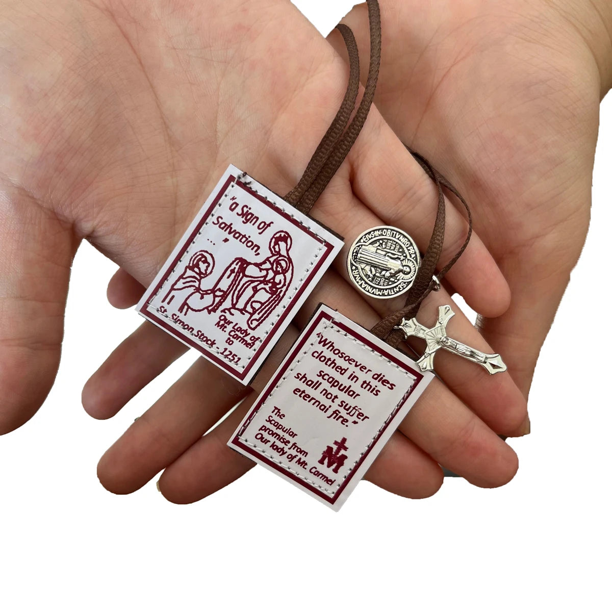 12-Pack Brown Scapular of Our Lady of Mount Carmel with St. Benedict Medal & Crucifix