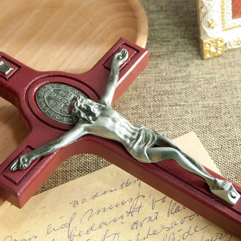 Wooden Catholic Crucifix with Holy Water Font – Jesus Cross for Home Blessing