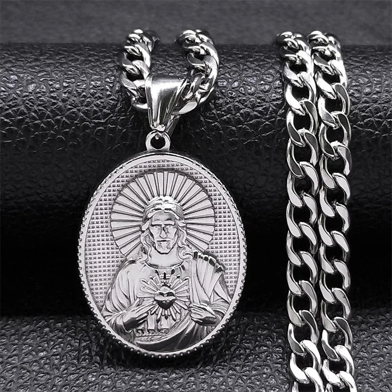 Sacred Heart of Jesus Catholic Necklace – Gold-Plated Stainless Steel Medal Pendant for Men & Women (60cm Chain)