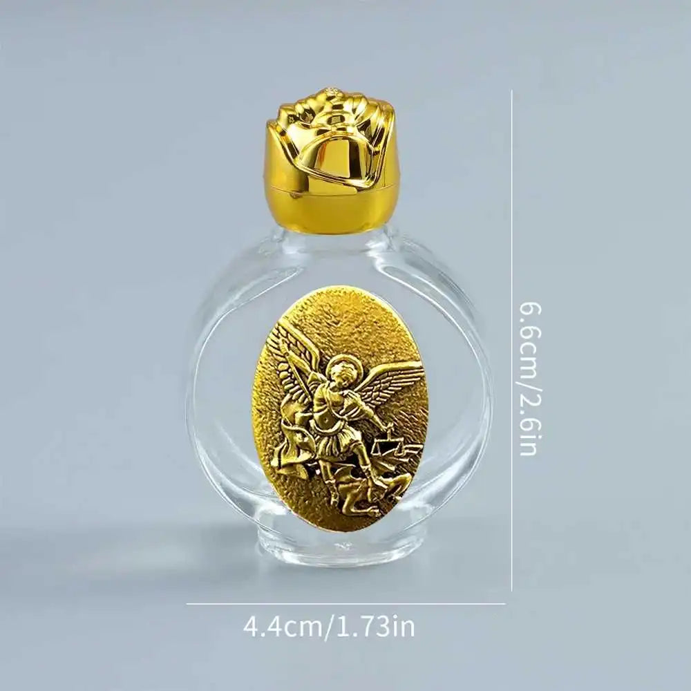 60ml Portable Holy Water Bottle – Gold Glass Catholic Bottle with Saint Michael, St Bendedict, Sacred Heart or Holy Mother