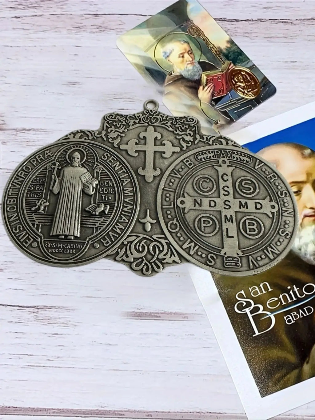 Extra Large St. Benedict Cross Medal – 5.7" x 4" Vintage Brass Tone | Wall or Desk Display | Medalla de San Benito