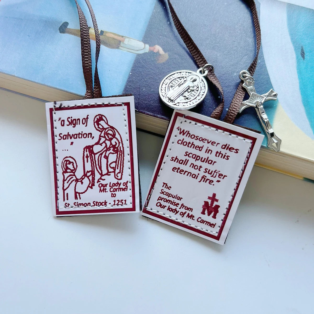 12-Pack Brown Scapular of Our Lady of Mount Carmel with St. Benedict Medal & Crucifix