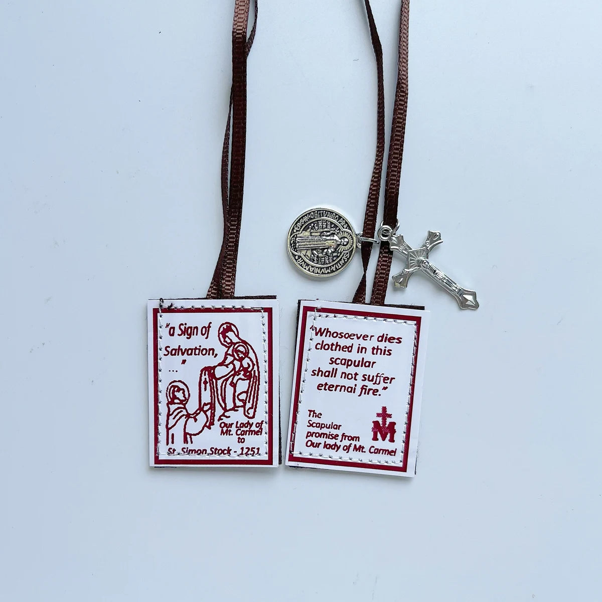 12-Pack Brown Scapular of Our Lady of Mount Carmel with St. Benedict Medal & Crucifix