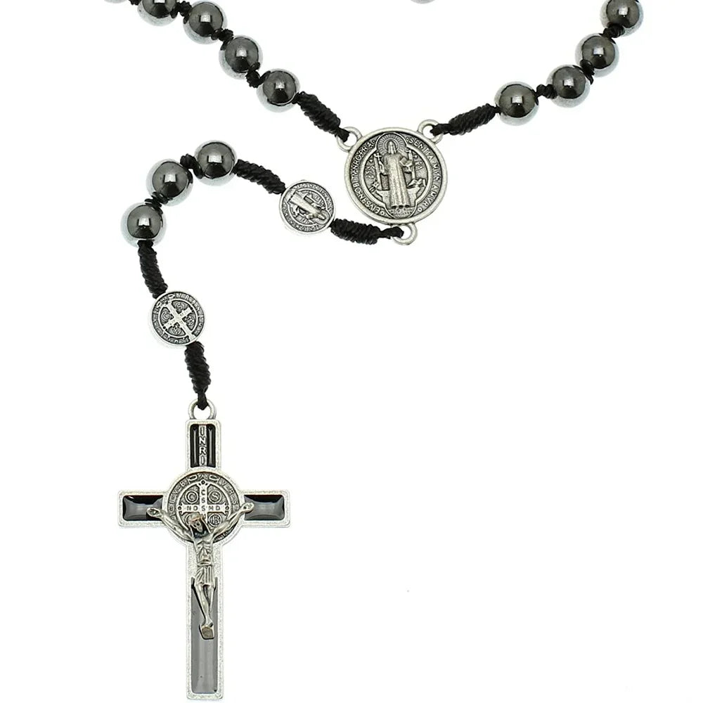 Black Hematite Rosary with Saint Benedict Medal and Crucifix – Catholic Devotional