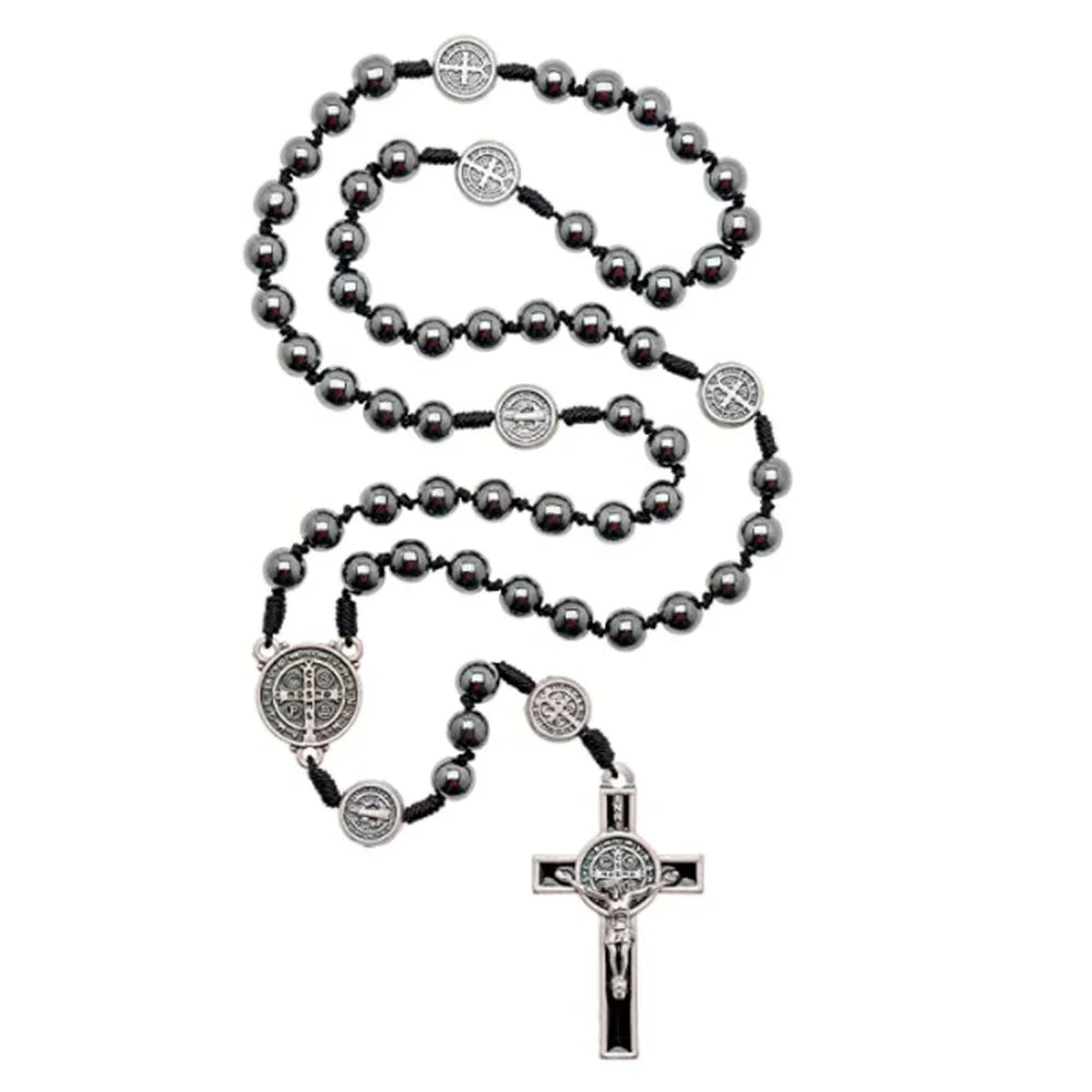 Black Hematite Rosary with Saint Benedict Medal and Crucifix – Catholic Devotional